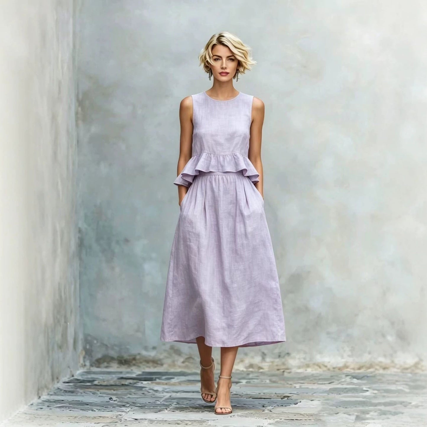 Women's Sleeveless High-Waist Ruffle Trim Maxi Dress