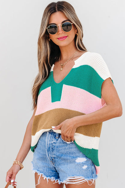 Threaded Pear Elliot Color Block Notch V Neck Sweater Top
