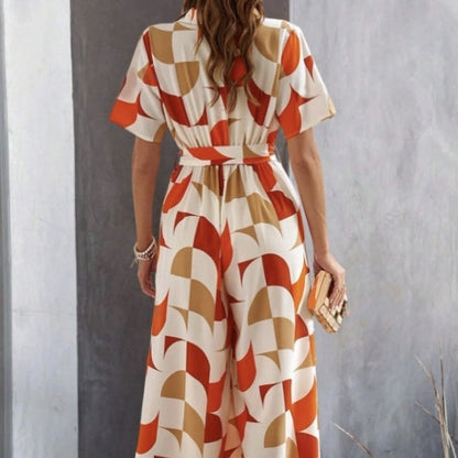 Women's Geometric Pattern Printed Lace Up Shirt Jumpsuit