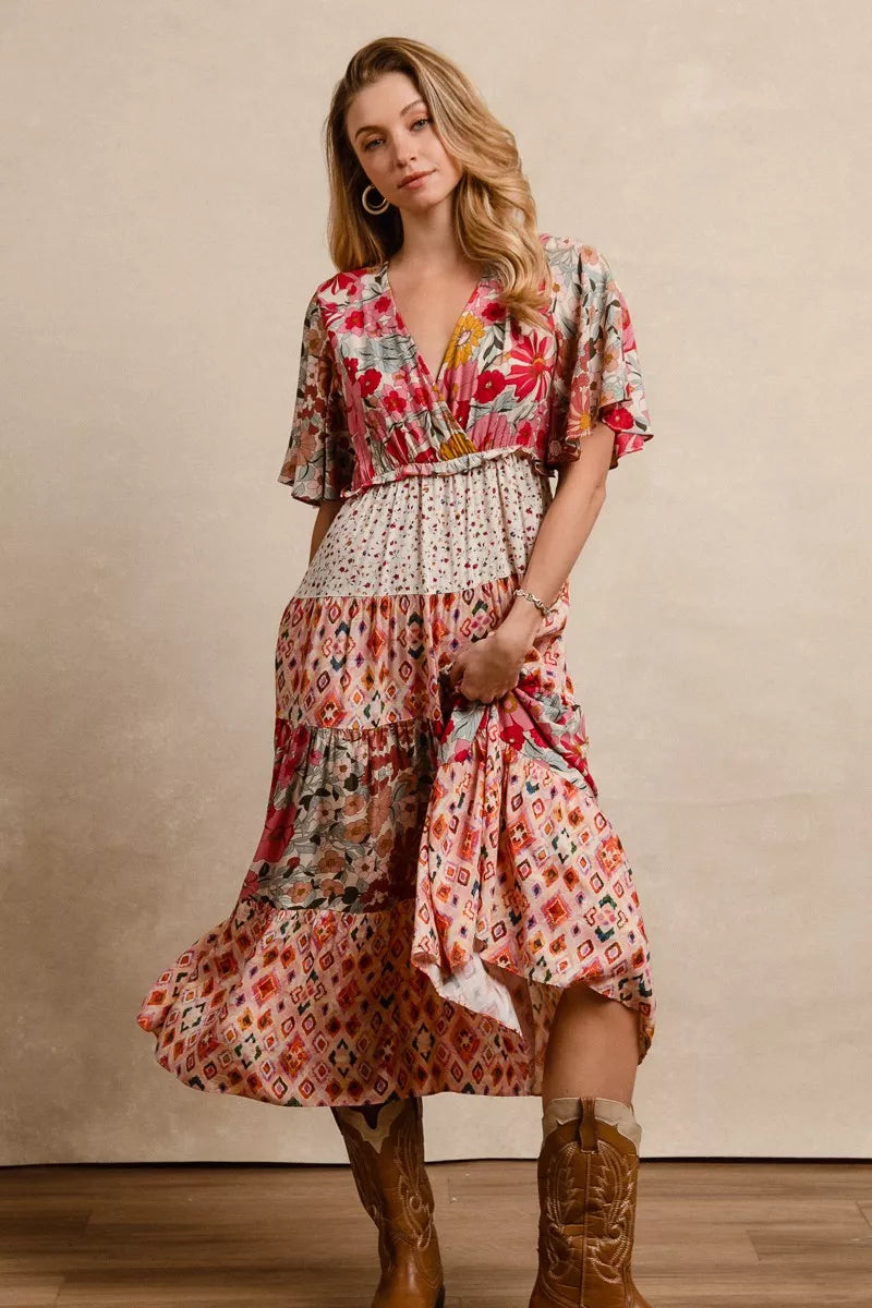 BiBi Floral Print Mix and Match Midi Dress