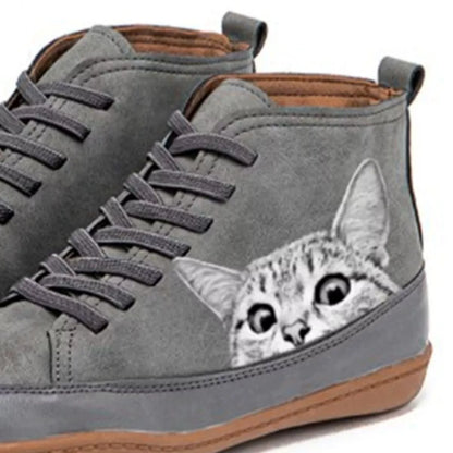 Cat Print Striped Ankle Sneakers