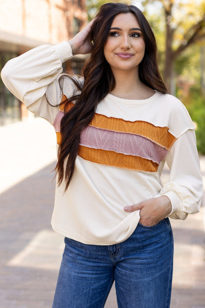 Threaded Pear Ember Exposed Seam Knit Patchwork Top