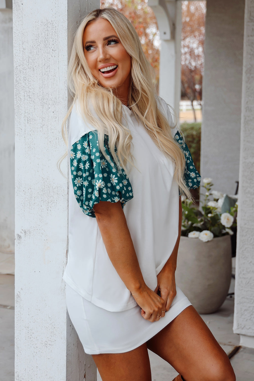 Threaded Pear Aileen Floral Puff Sleeve Oversized Top