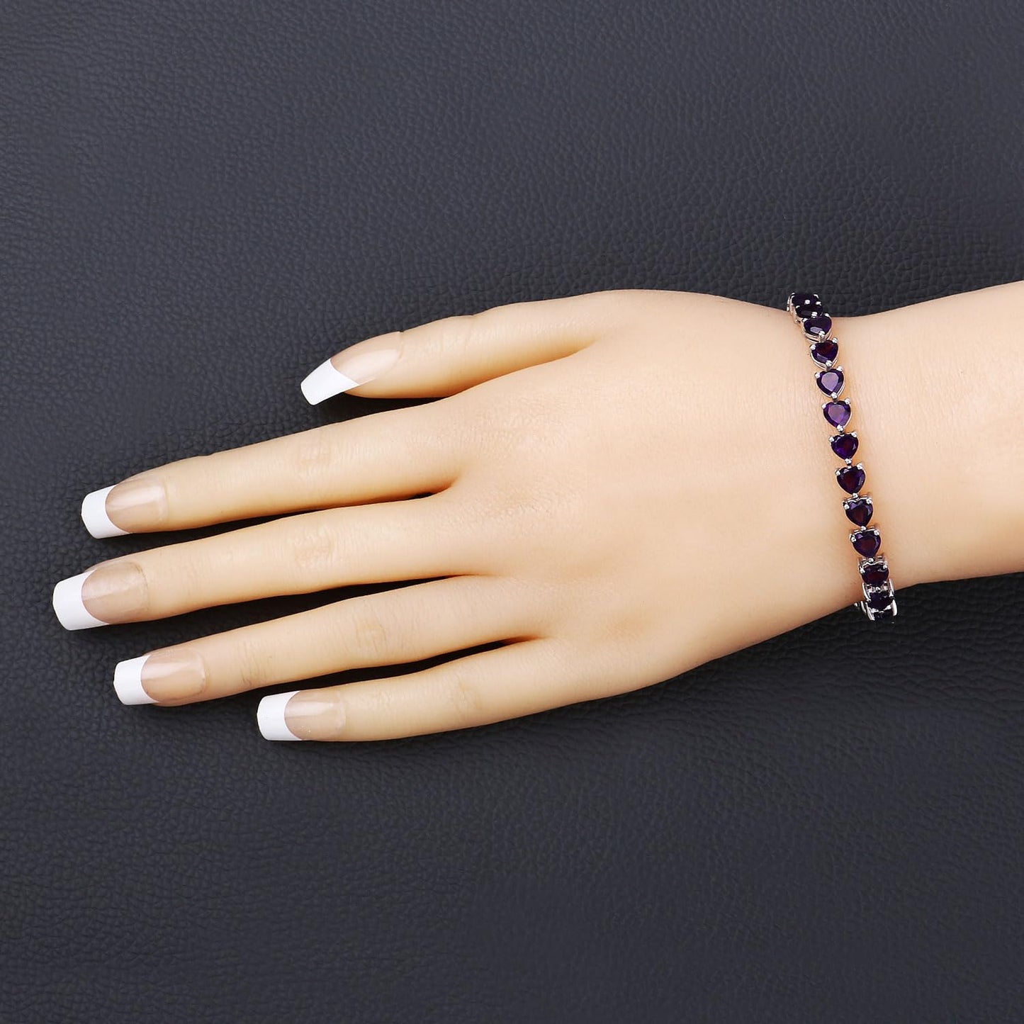 13.33 Ct Heart Purple Amethyst Prong Silver Box Clasp Tennis Bracelet