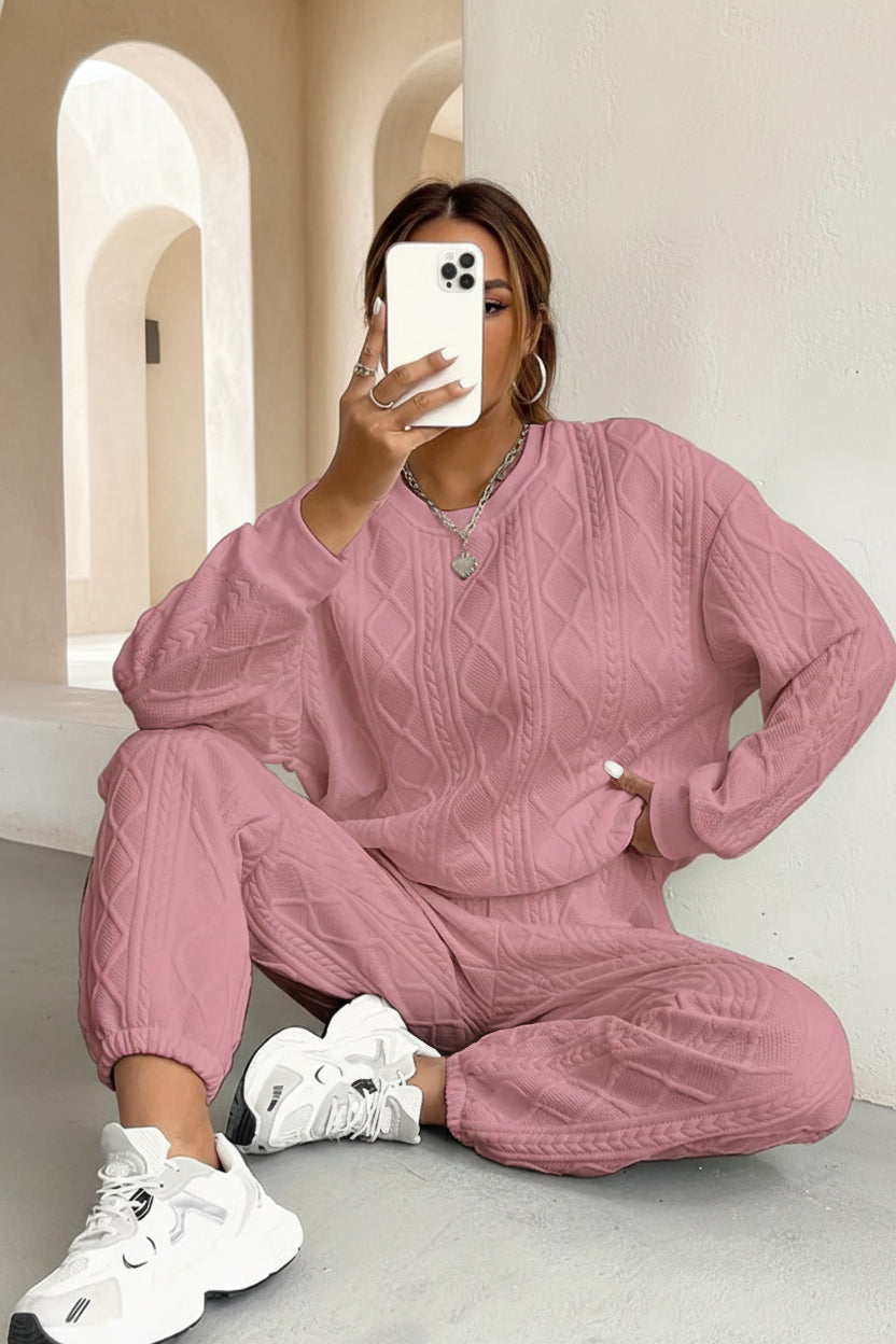 Women's Cable-Knit Texture Sweatshirt & Jogger Pants Set