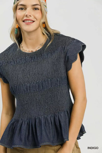 Umgee Smocked Peplum Top with Scalloped Ruffle Cap Sleeves