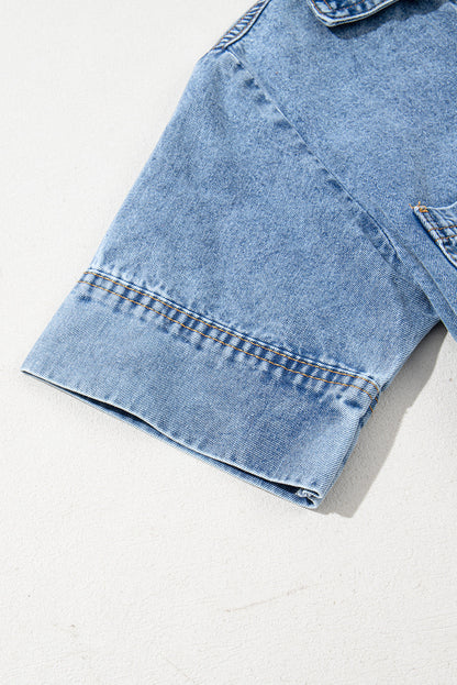 Blue Short Sleeve Collared Chest Pocket Denim Mini Dress