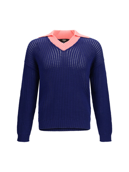 Sweater Ribbed V-Neck Cotton Ink Blue/Peony
