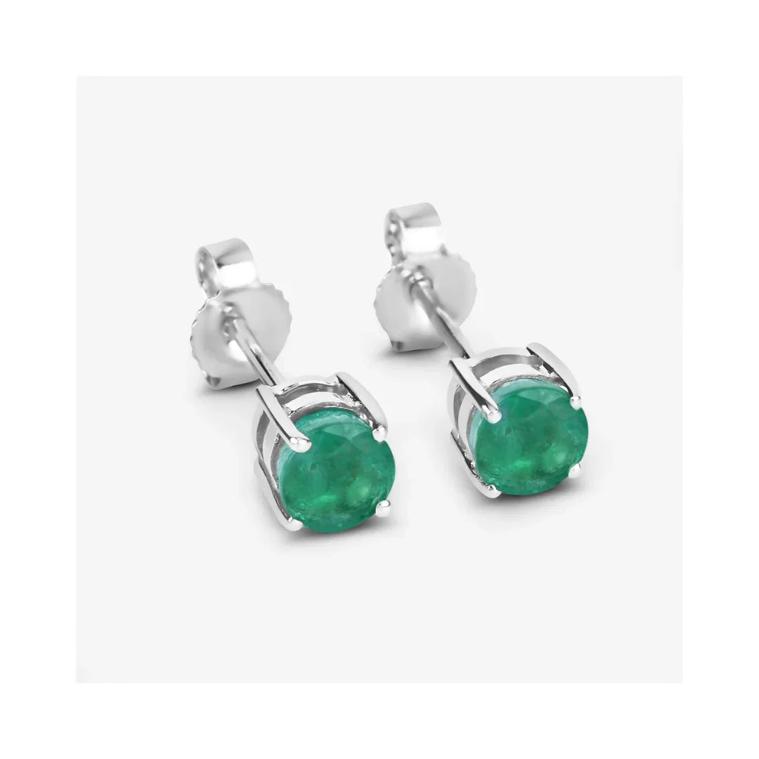 0.72 Ct Round Green Zambian Emerald Prong 10K Stud Earrings