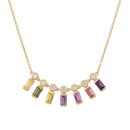 IGI Certified 0.65 Ct Baguette Multi Color Unheated Sapphire Diamond 14K Gold Rainbow Dangler Bar Necklace