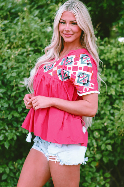 Threaded Pear Zayla Embroidered Tassel Tie V Neck Blouse