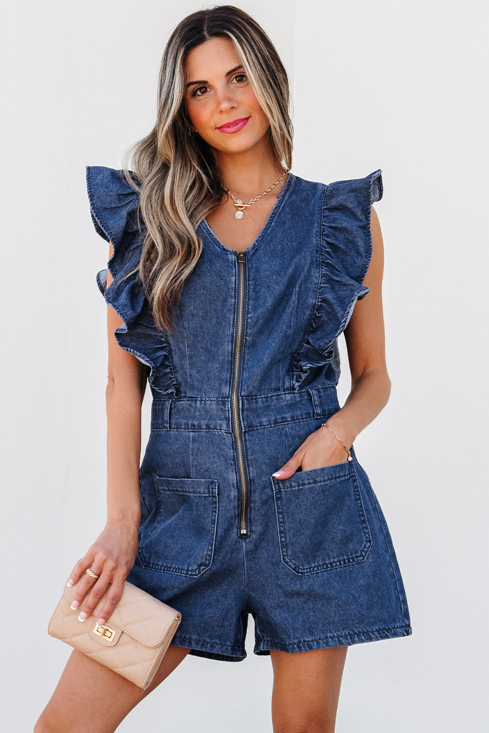 Threaded Pear Amora Denim Ruffled Zipped Front Belted Romper