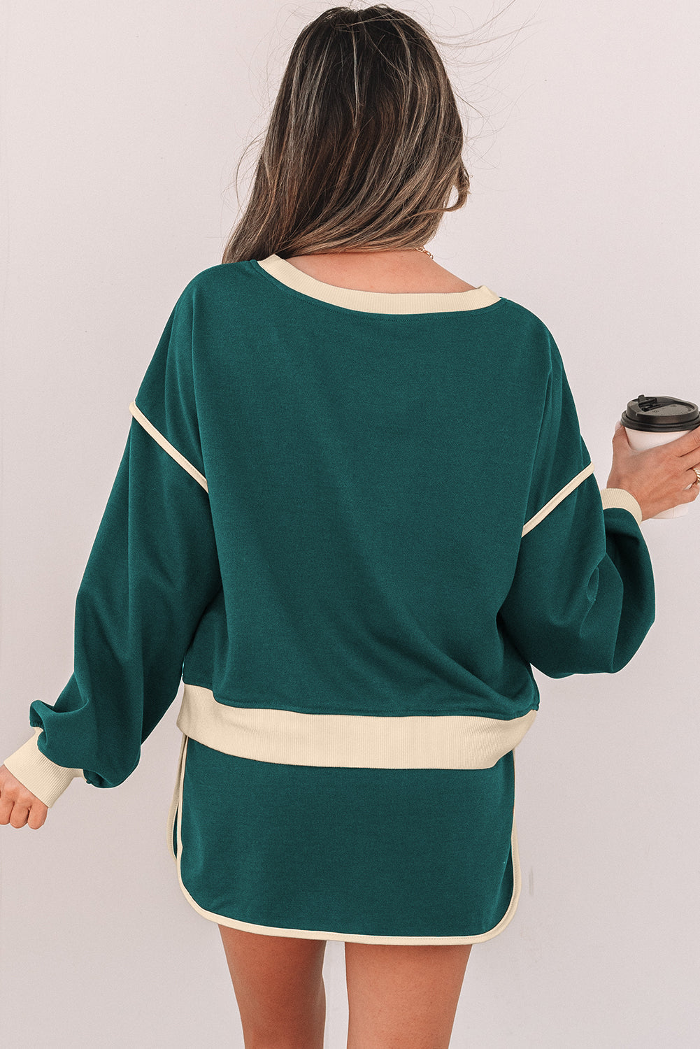 Violeta Loose Pullover and Lace-up Waist Skort Set - Threaded Pear