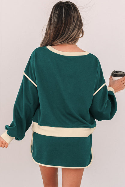Violeta Loose Pullover and Lace-up Waist Skort Set - Threaded Pear