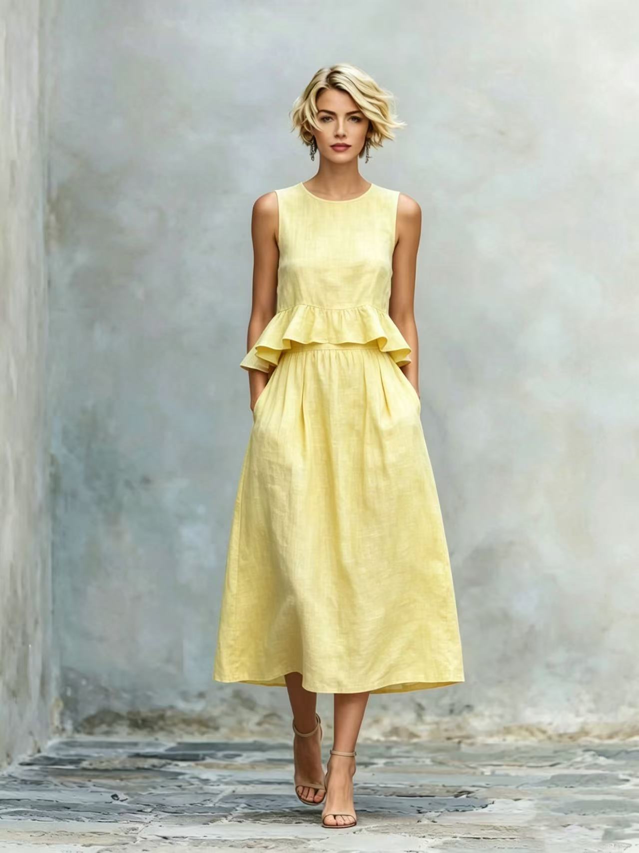 Women's Sleeveless High-Waist Ruffle Trim Maxi Dress