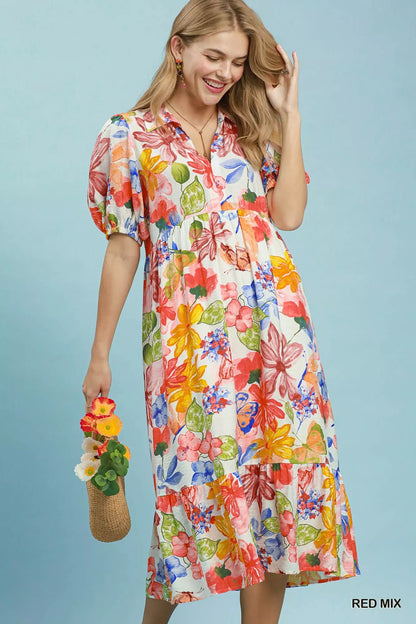 Umgee Watercolor Floral Tiered Midi Dress in Red