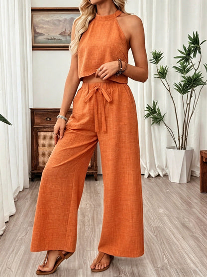 Women's Halter Neck Cropped Top & Wide-Leg Pants Two-Piece Set