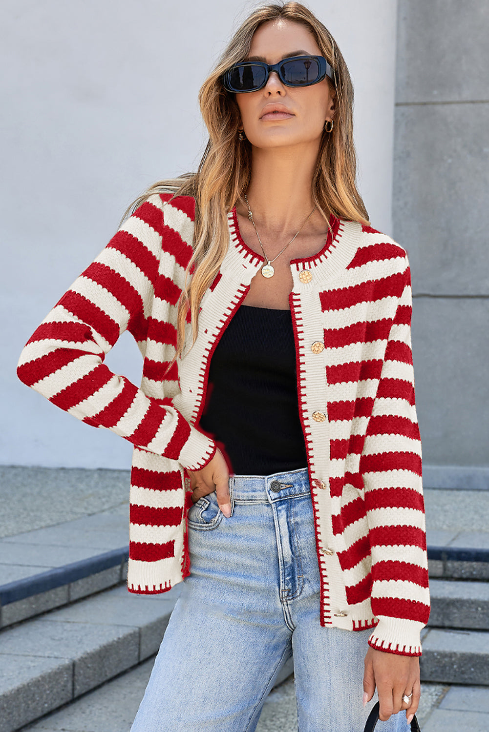 Threaded Pear Rylee Stripe Button Cardigan Sweater