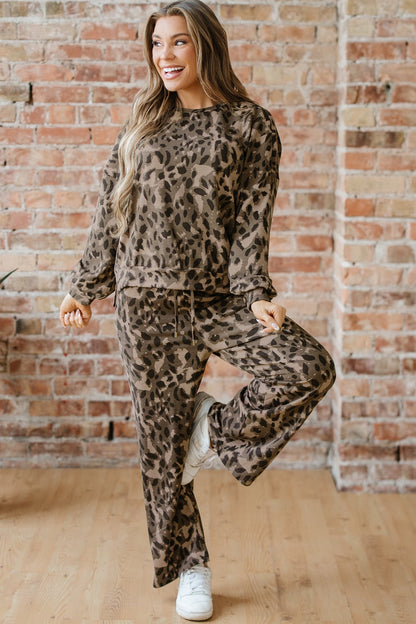 Threaded Pear Catherine Leopard Pullover Drawstring Loose Pant Set