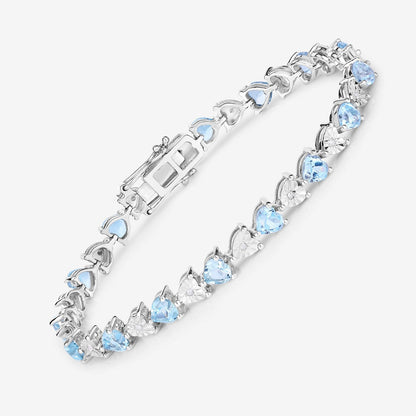 7.50 Ct Heart Blue Topaz & Diamond Prong Silver Tennis Bracelet