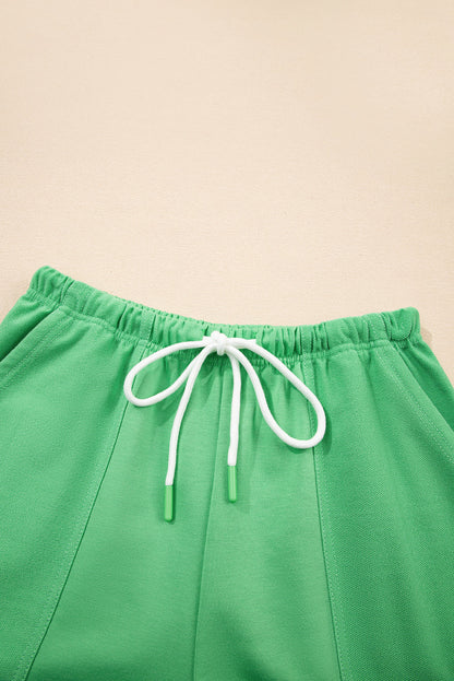 Mint Green V Neck Drop Shoulder Tee and Patchwork Drawstring Shorts Set