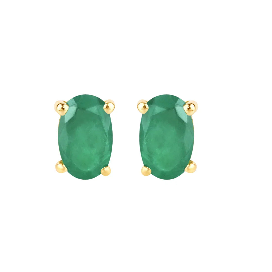 0.38 Ct Oval Green Zambian Emerald Prong 10K Gold Stud Earrings