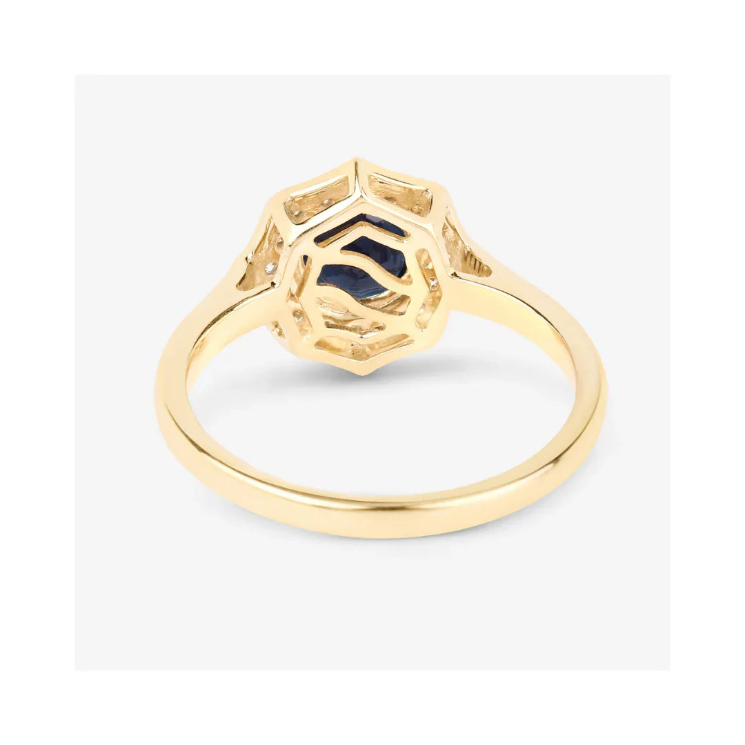 1.03 Ct Round Blue Sapphire & Lab Grown Diamond Prong 10K Gold Bridge Halo Ring