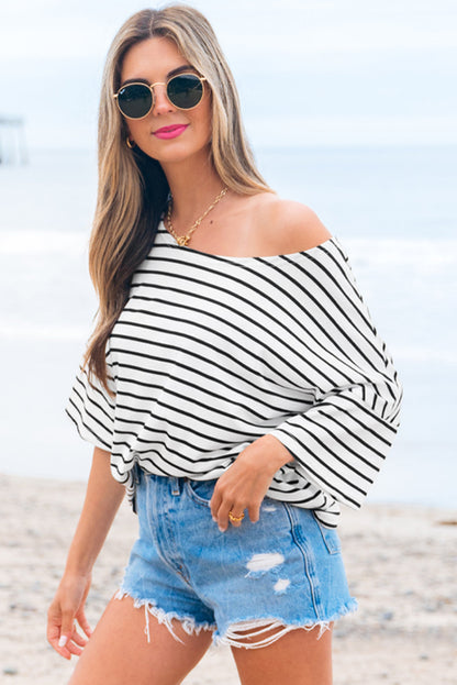 Threaded Pear Lilia Stripe Half Sleeve Scoop Neck Loose Top