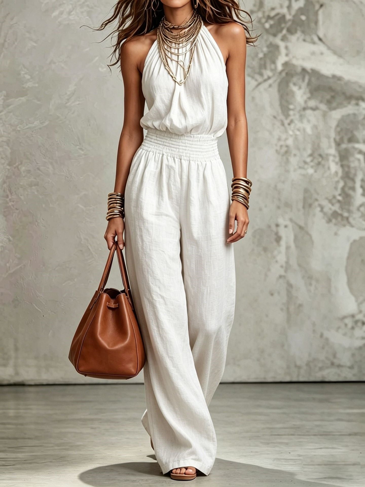 Women's Sleeveless Backless Lace-Up Halter Wide-Leg Jumpsuit