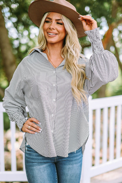Threaded Pear Skye Smocked Cuffed Striped Boyfriend Shirt with Pocket