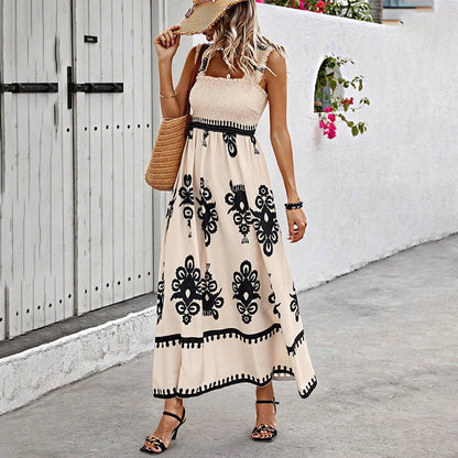 Women's Wide-Strap Printed Maxi Dress – Smocked Bodice & Tassel Waist