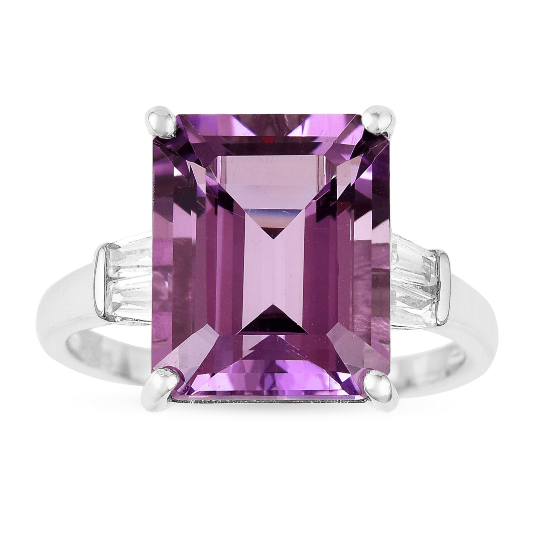 5.55 Ct Octagon Purple Amethyst and White Zircon Prong Silver Statement Ring
