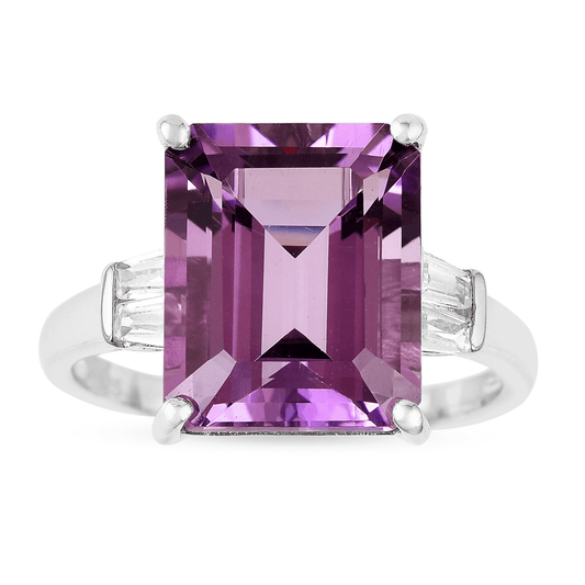 5.55 Ct Octagon Purple Amethyst and White Zircon Prong Silver Statement Ring