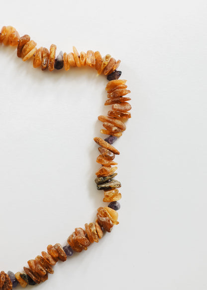 Pet Necklace: Raw Baltic Amber + Raw Amethyst