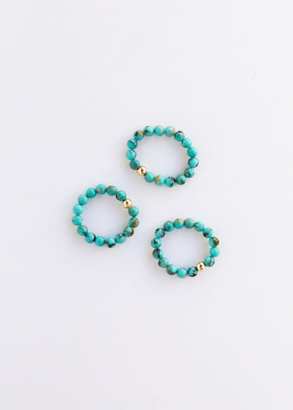Natural Turquoise + 14k Gold Filled + Honey Amber || Ring Set Trio ||