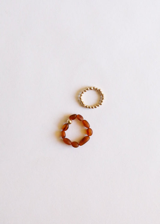 Raw Cognac Baltic Amber + 14K Gold Filled Beaded Ring Stack