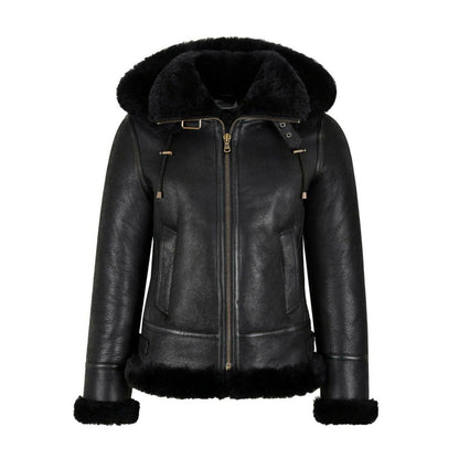 Women’s B3 Bomber Hooded Classic Black Shearling Jacket