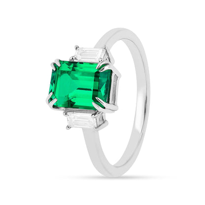 2.04 Ct Octagon Green Colombian Lab Created Emerald and Moissanite Prong Silver Three Stone Statement Ring