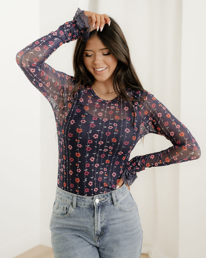 Samantha Floral Print Smocked Cuff Slim Fit Mesh Bodysuit