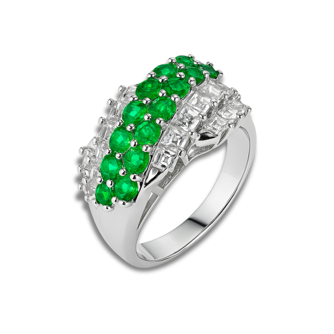 7.26 Ct Round Green Tsavorite Garnet and White Topaz Prong Silver Cluster Ring