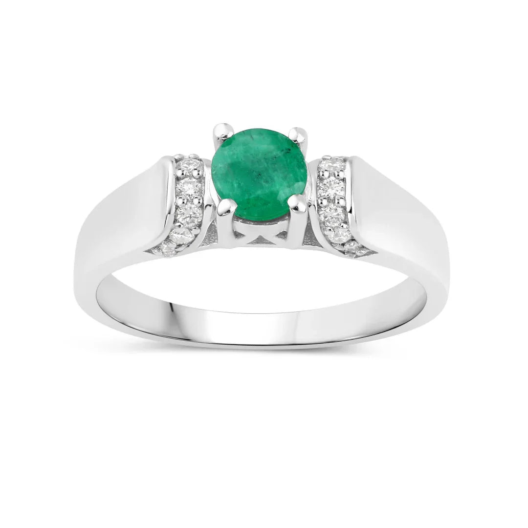 0.42 Ct Round Green Zambian Emerald & Lab Grown Diamond Prong Silver Promise Ring