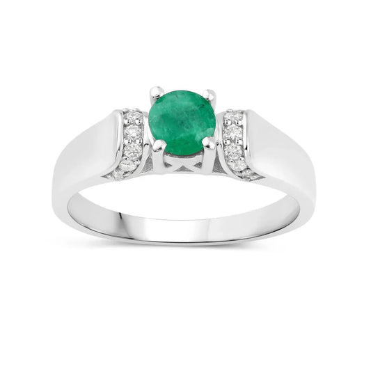 0.42 Ct Round Green Zambian Emerald & Lab Grown Diamond Prong Silver Promise Ring
