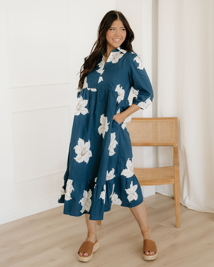 Winslet Floral Shirt Collar V Neck 3/4 Sleeve Shift Midi Dress