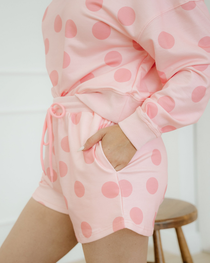 Kaylee Polka Dot Print Drop Shoulder Pullover Drawstring Shorts Set - Pink