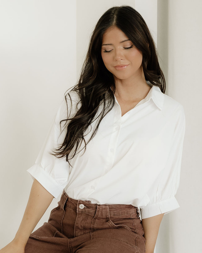 Wrenlee Plain 3/4 Batwing Sleeve Oversize Button Up Blouse - White