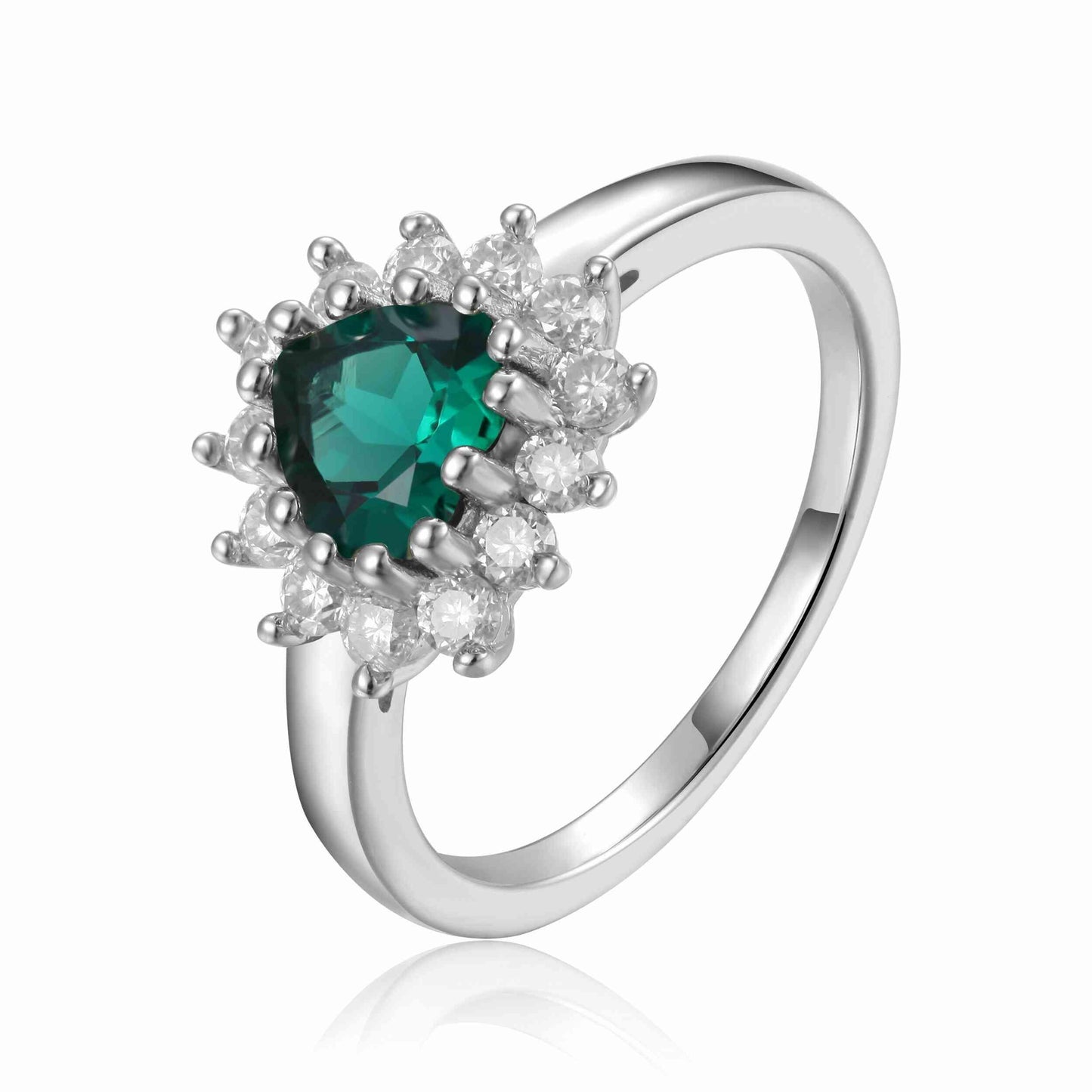 0.93 Ct Heart Green Created Emerald and White Topaz Prong Silver Floral Halo Ring