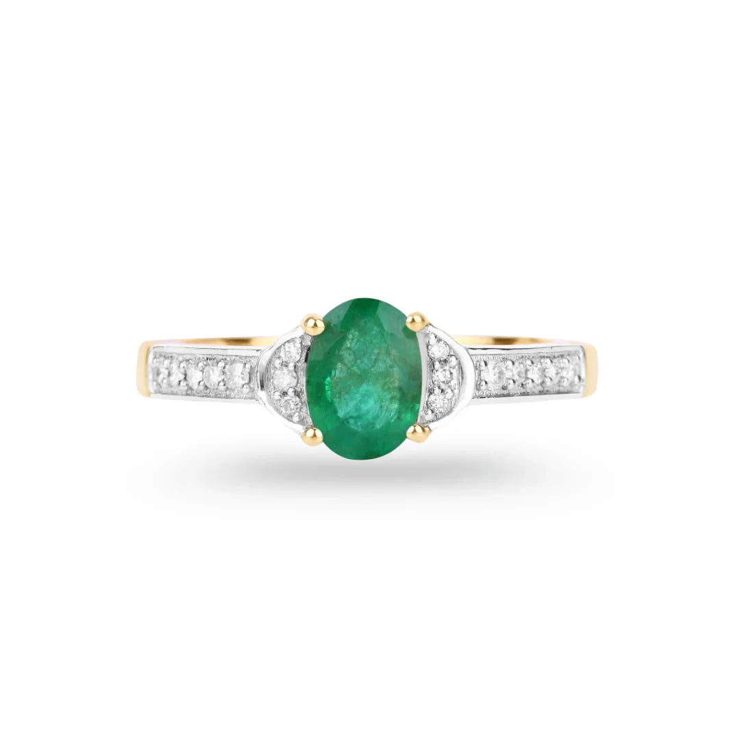 0.72 Ct Oval Green Zambian Emerald Diamond Prong 10k Gold Pave Bridge Ring