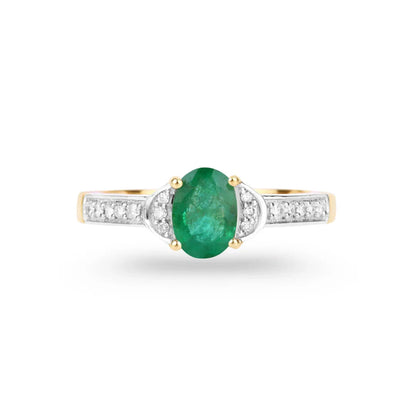 0.72 Ct Oval Green Zambian Emerald Diamond Prong 10k Gold Pave Bridge Ring