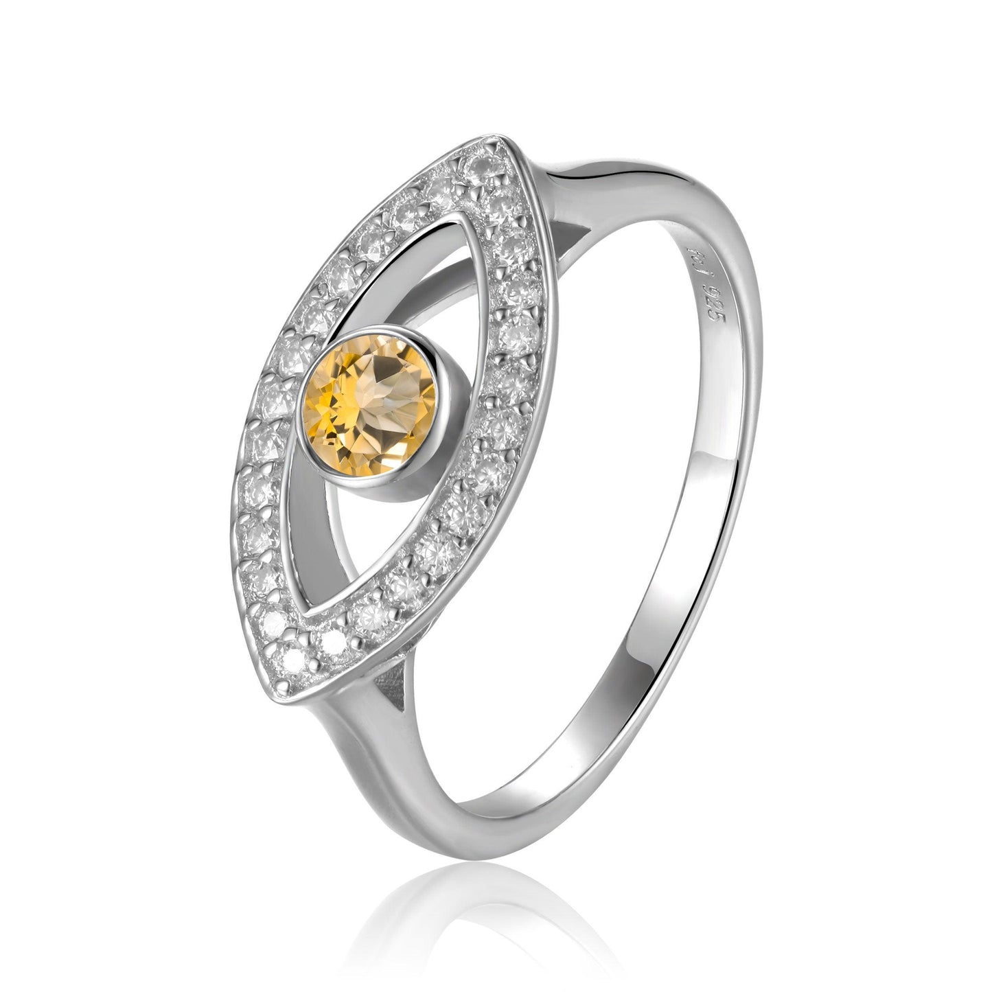 1.3 Ct Round Yellow Citrine Bezel Silver Evil Eye Ring