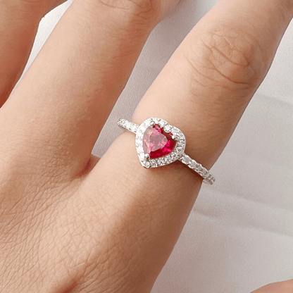 Heart Red Lab Grown Ruby Prong Sterling Silver Halo Ring